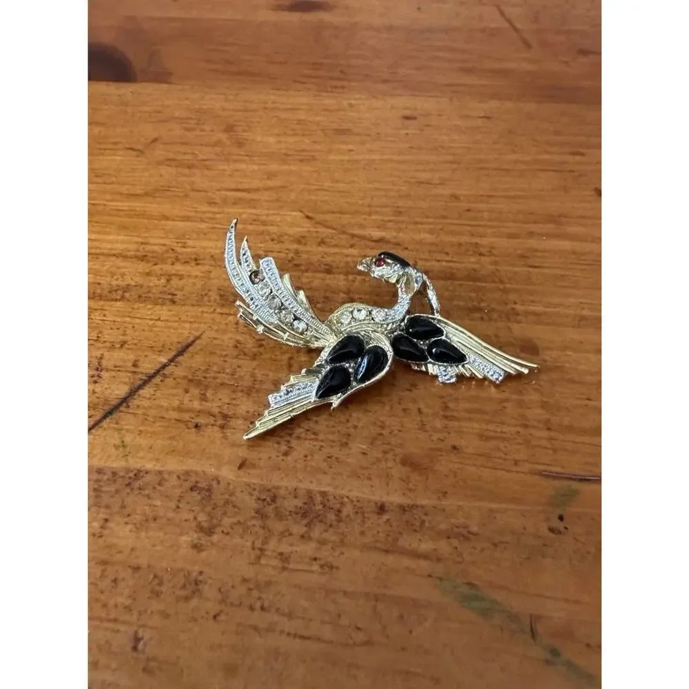 Vintage Phoenix Bird Rhinestone Brooch Gold Tone Black Enamel Figural Pin